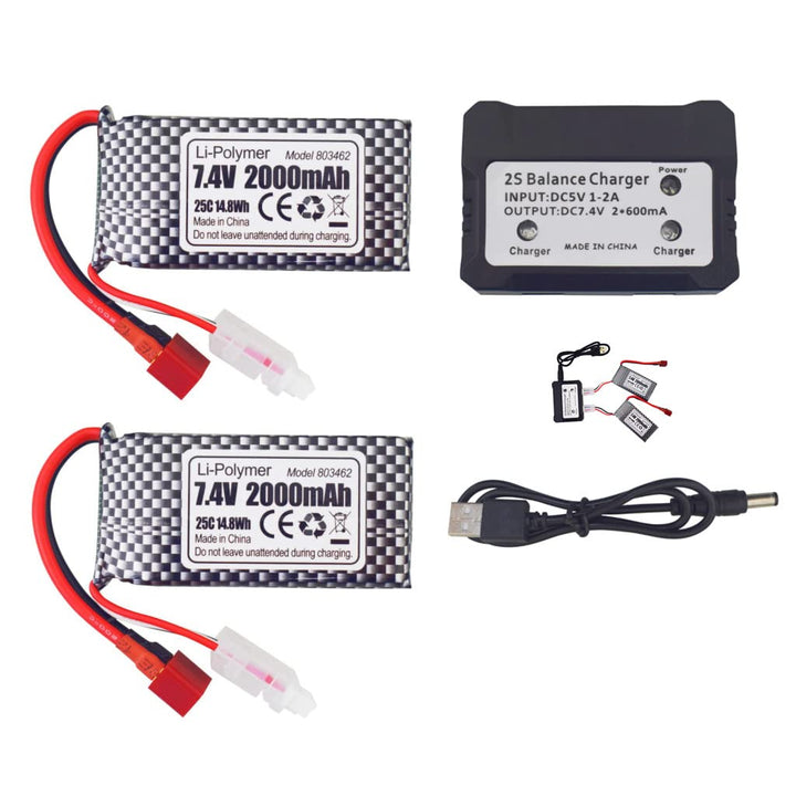2PCS 7,4V 2000mAh T-Stecker Lithium-Akku + 2-in-1-Ladegerät für 9200 9200E HB101 200E 9202E 9203E 92