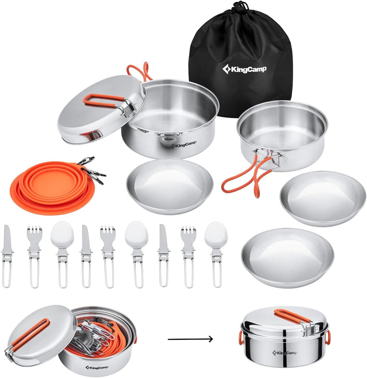 KingCamp Camping Geschirr Set 2-4 Personen I Camping Kochgeschirr aus Edelstahl I Camping Töpfe mit