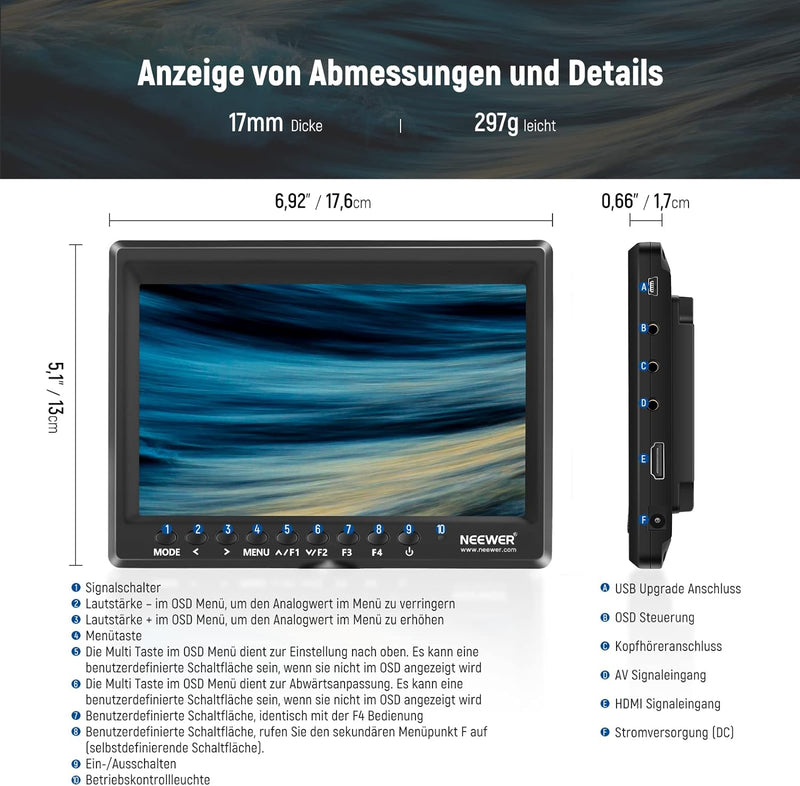 NEEWER Verbesserter F100 7" Kamera Feldmonitor HD Video Assistent Schlank IPS 1280 x 800 HDMI Eingan