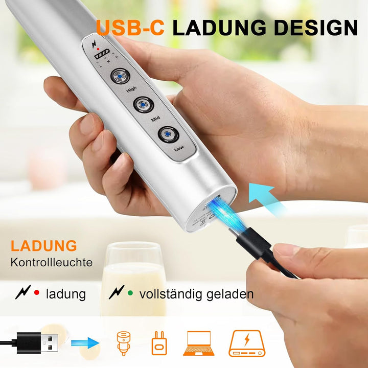 YUSWKO Milchaufschäumer Stab für Kaffee, Usb Wiederaufladbarer Aufschäumer, 3 Schneebesen-Köpfe 3 Ge