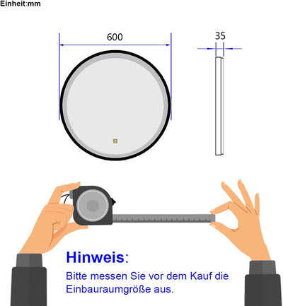 EMKE Badspiegel mit Beleuchtung 60cm Spiegel rund mit dimmbar Kaltweiss Licht, Speicherfunktion, Tou