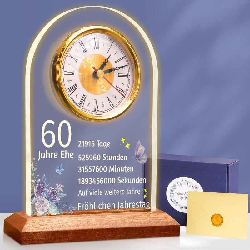OkiyiD 60. Jahrestag Hochzeit Geschenk, Jahrestag Quarzuhr, Schreibtisch Tisch Uhr, 60 Jahre Ehe, Di