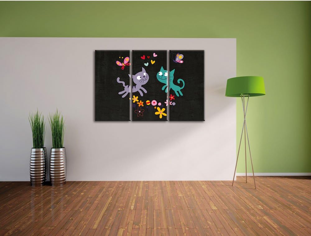 Pixxprint fröhlich und spielende Kätzchen weiss 3-Teiler Leinwandbild 120x80 Bild auf Leinwand