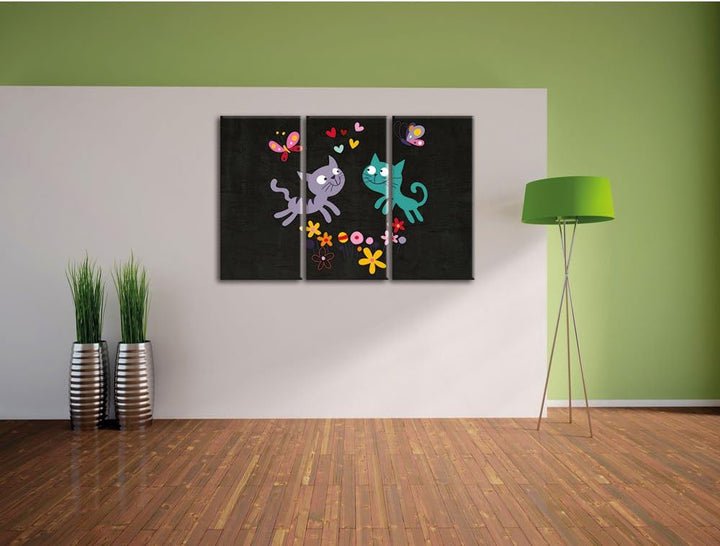 Pixxprint fröhlich und spielende Kätzchen weiss 3-Teiler Leinwandbild 120x80 Bild auf Leinwand