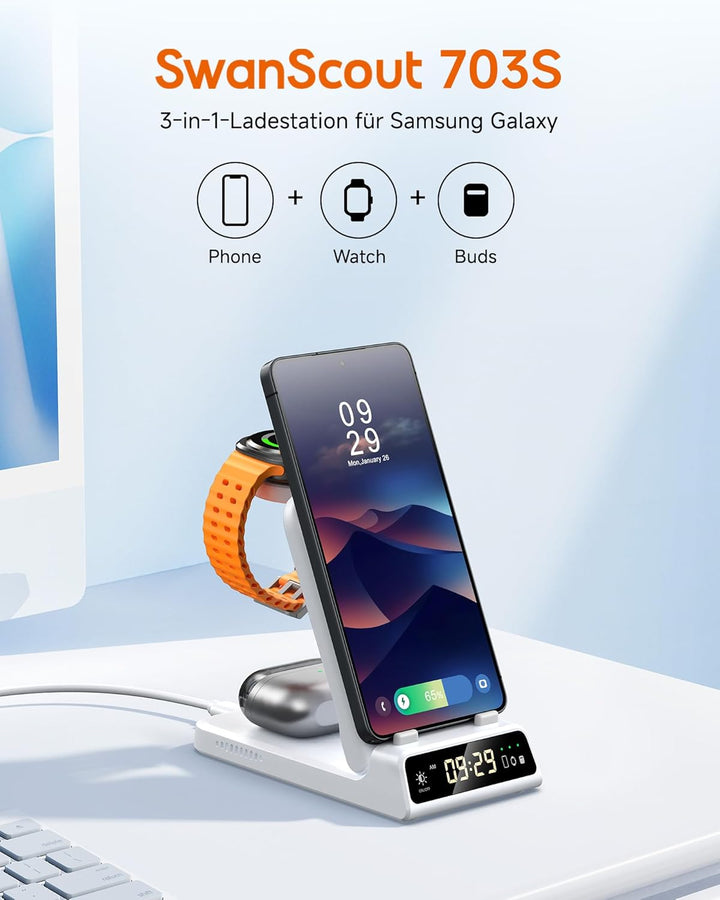 Induktive Ladestation für Samsung S26 Ultra, 3 in 1 Wireless Charger für Samsung S26/S25/S24/S23, La