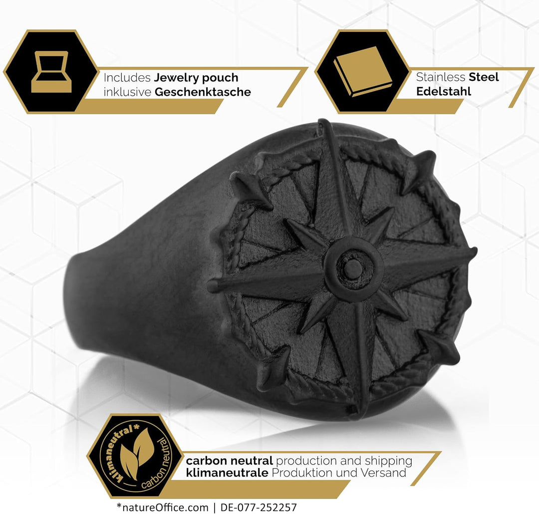 Akitsune Guidance Ring | Kompass Karte Nord Nautisch Ring Herren Edelstahl Designer Mattschwarz 54 (