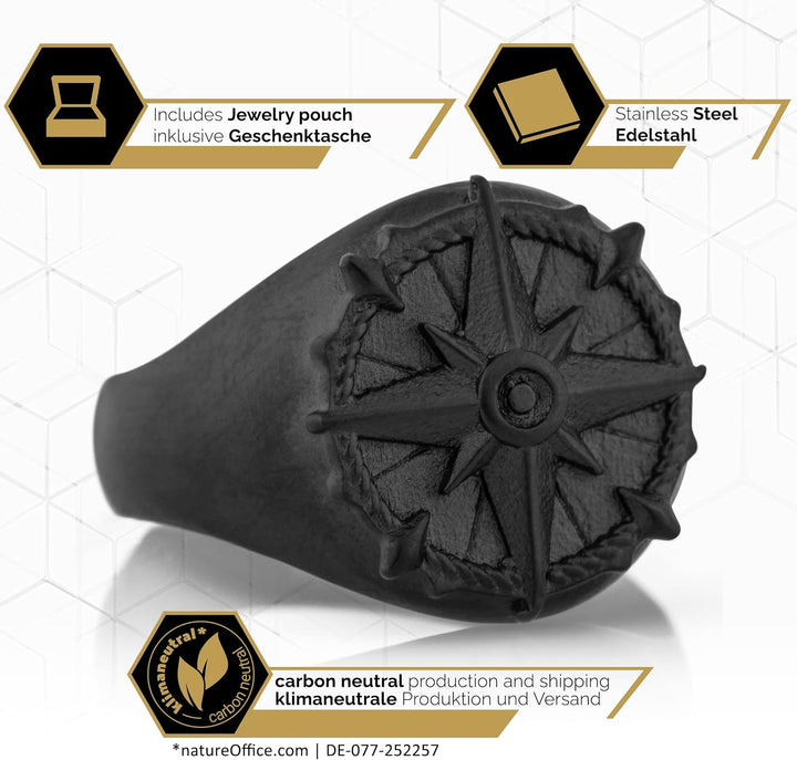 Akitsune Guidance Ring | Kompass Karte Nord Nautisch Ring Herren Edelstahl Designer Mattschwarz 67 (