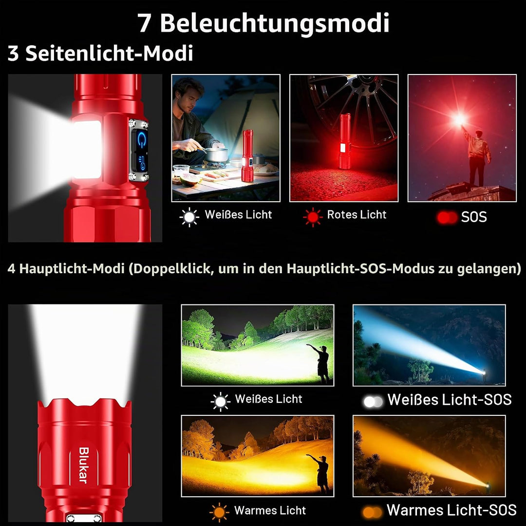 Blukar Taschenlampe LED 2 Farbtemperatur mit Hauptlicht &amp; Seitlich COB-Licht, Aufladbar Extrem Hell