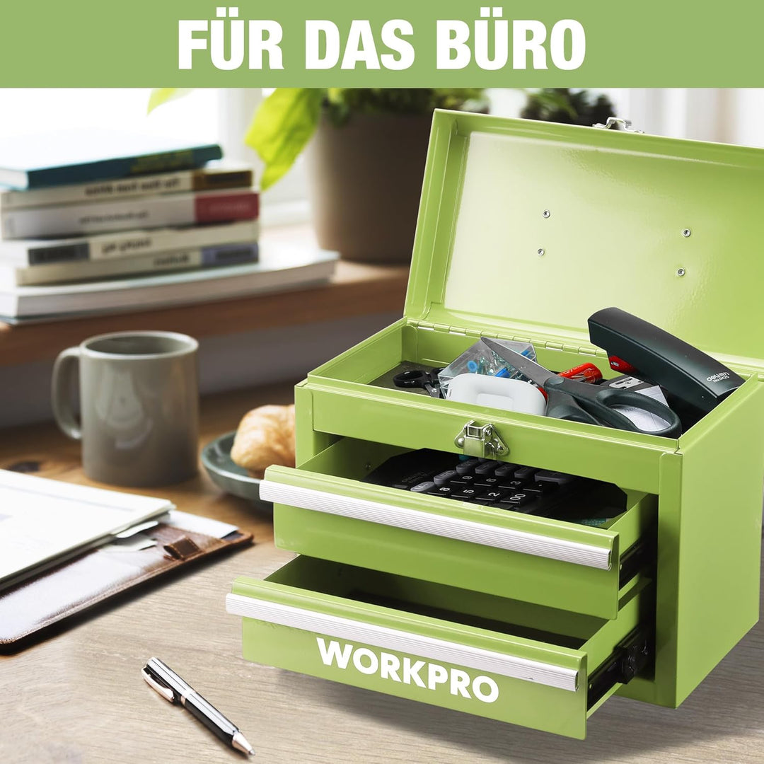 WORKPRO Metall Schubladenbox mit 2 Schubladen & Oberer Stauraum Avocadogrün, 27,5x15x20,8cm Tisch Or