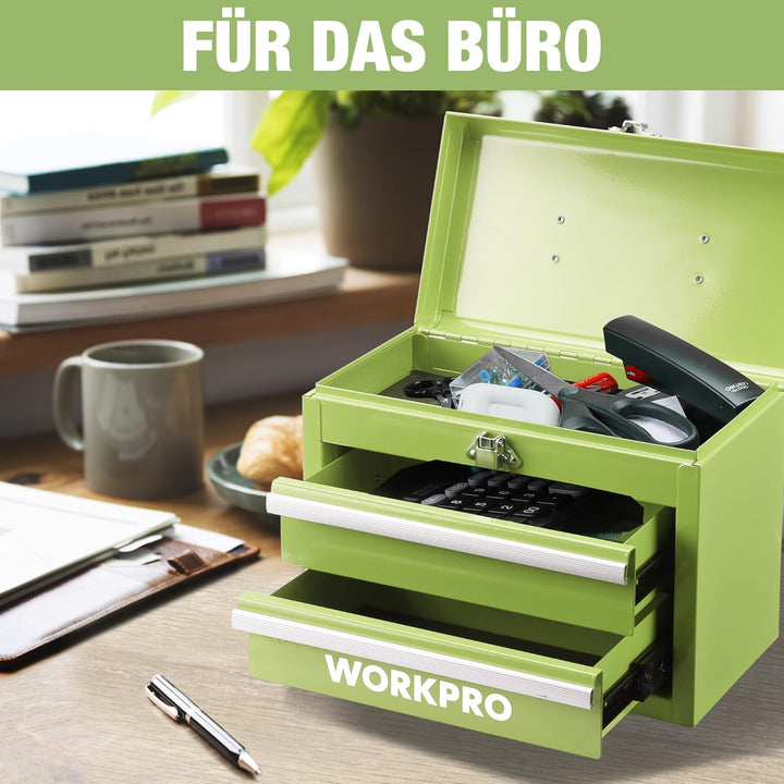WORKPRO Metall Schubladenbox mit 2 Schubladen & Oberer Stauraum Avocadogrün, 27,5x15x20,8cm Tisch Or