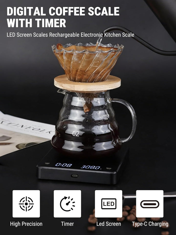 VOBOR Kaffeewaage mit Timer 3kg/0.1g, Automatischen und Manuellen Zeitmessungsmodus, Wiederaufladbar