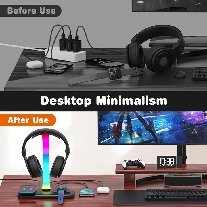 3 in 1 RGB Gamning Kopfhörer Ständer, Headset Halterung mit 15W Wireless Ladegerät, Gaming Kopfhörer
