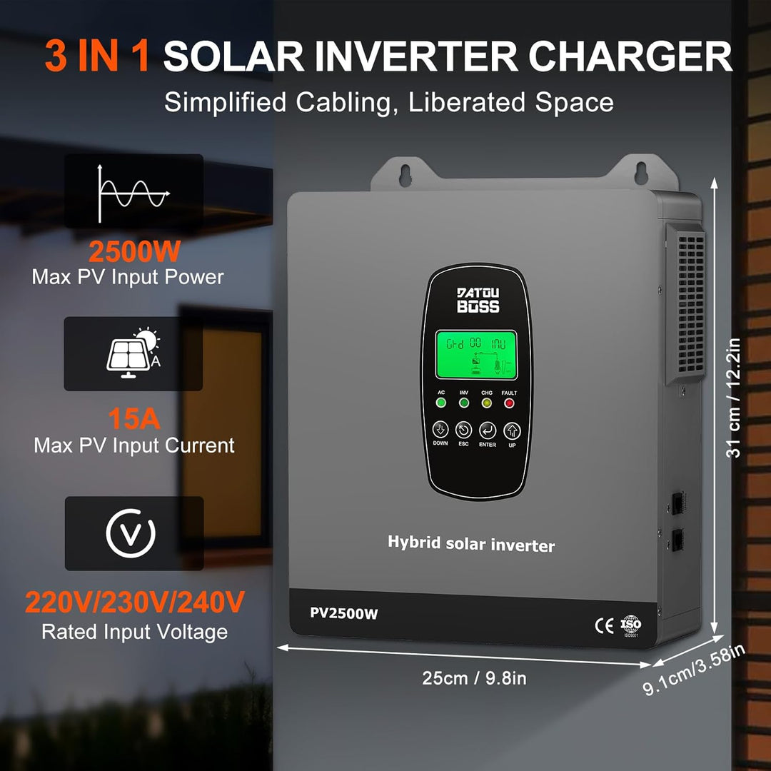 DATOUBOSS 1800W Hybrid Solar Wechselrichter 12V Reiner Sinus, 12V DC auf 220V/230V AC mit MPPT Solar