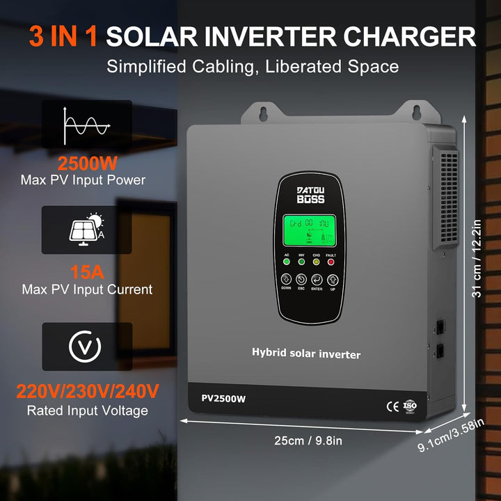 DATOUBOSS 1800W Hybrid Solar Wechselrichter 12V Reiner Sinus, 12V DC auf 220V/230V AC mit MPPT Solar