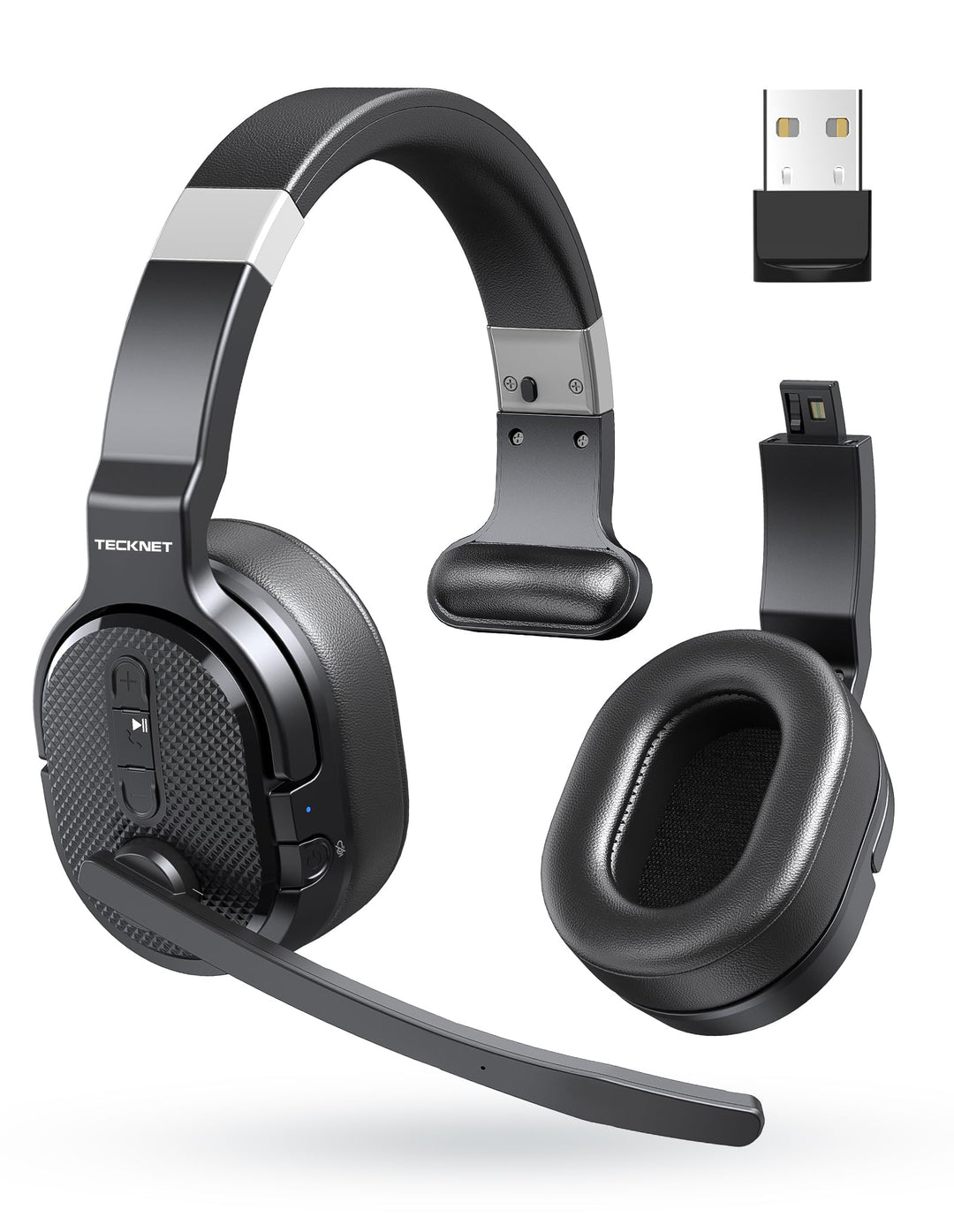 TECKNET Bluetooth Headset mit Mikrofon, USB Dongle Noise Cancelling Single und Dual Ear Headset Kabe