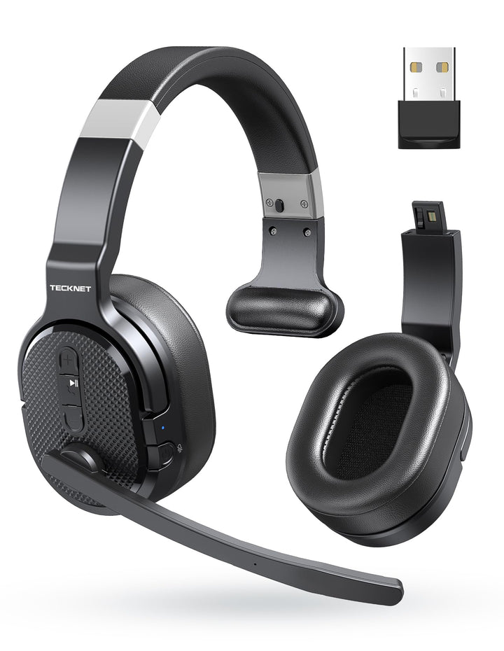 TECKNET Bluetooth Headset mit Mikrofon, USB Dongle Noise Cancelling Single und Dual Ear Headset Kabe
