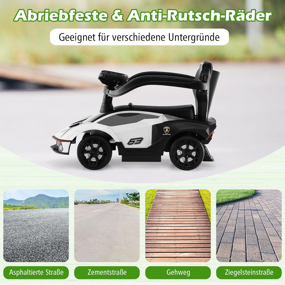 COSTWAY Rutschauto Lamborghini, Rutschfahrzeug mit Schiebstange & Stauraum, Schiebeauto mit Lenkrad