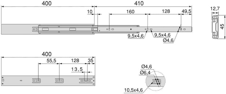 Emuca Schubladenführungen, Vollauszug mit Rollen gedämpftes Scharnier 45mm x 400mm, 5 Sets (10 Stück