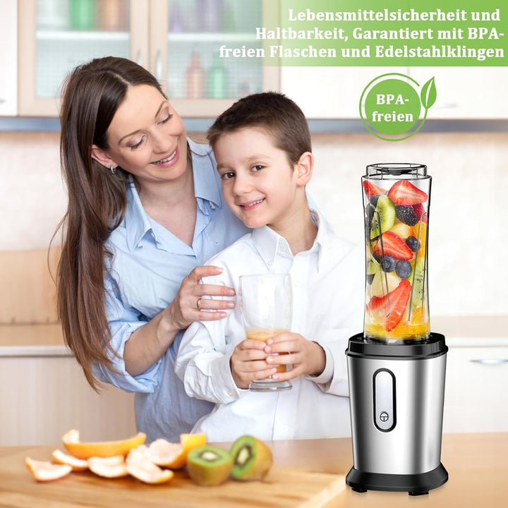 Mixer, 500W Mini Standmixer & Smoothie Maker mit 2x600ml Flaschen BPA frei Tritan, Tragbarer Mixer S