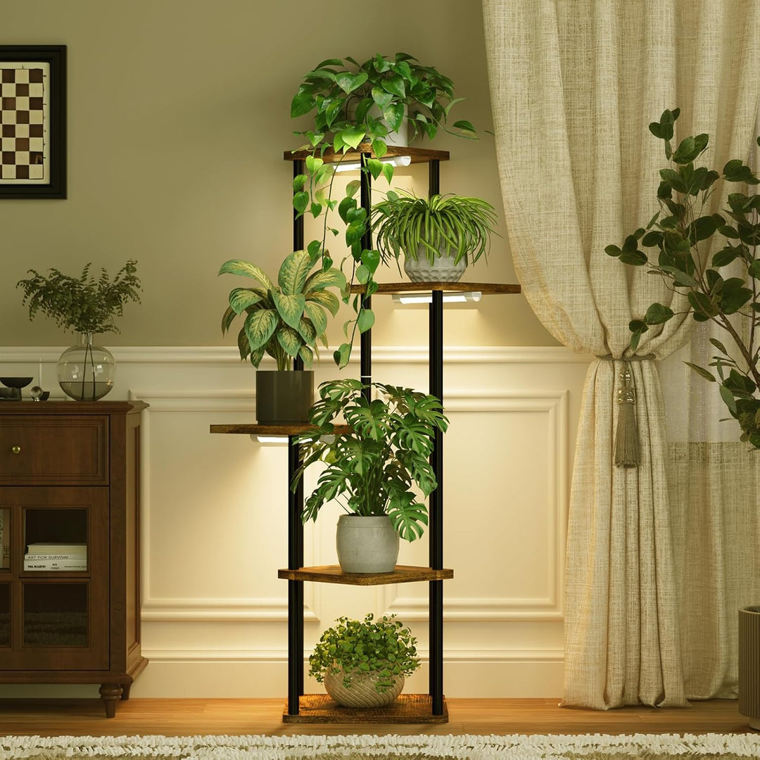 Bamworld Blumenständer mit Pflanzenlampe, 5 Ebenen Pflanzenregal Metall Holz, LED Pflanzenlicht Indo