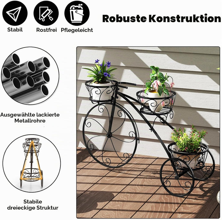 HOMASIS Blumenständer im Fahrradform, Blumentreppe Metall Pflanzenständer mit 3 Ebenen, Pflanzentrep