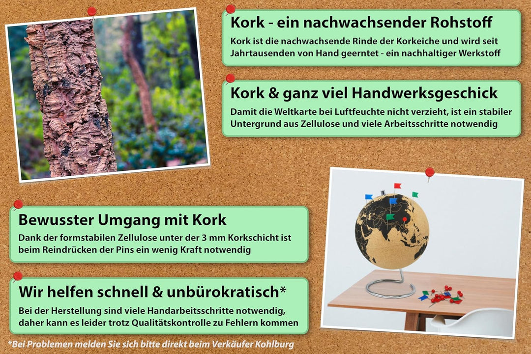 Grosser Korkglobus 33cm hoch mit 104 unterschiedlichen Pinnadeln - grosser drehbarer Globus aus Kork