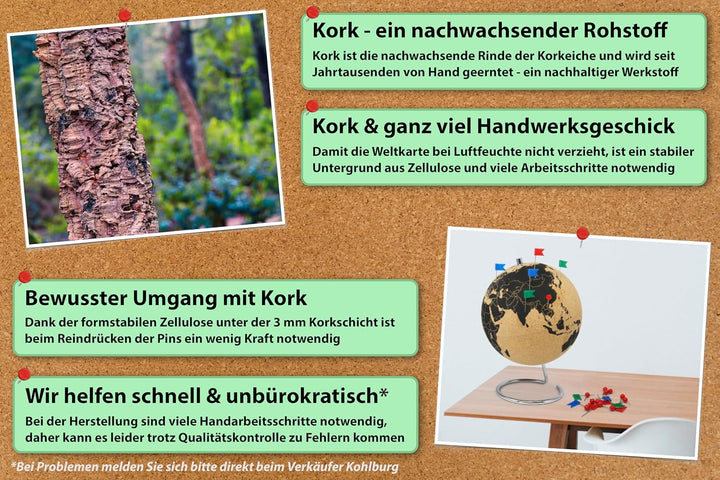 Grosser Korkglobus 33cm hoch mit 104 unterschiedlichen Pinnadeln - grosser drehbarer Globus aus Kork