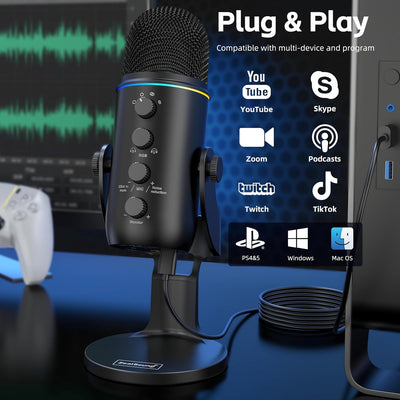 ZealSound USB Mikrofon, k66Plus Gaming Mikrofon mit 4 Tonabnehmer Muster für PC Mac PS4 PS5 Computer