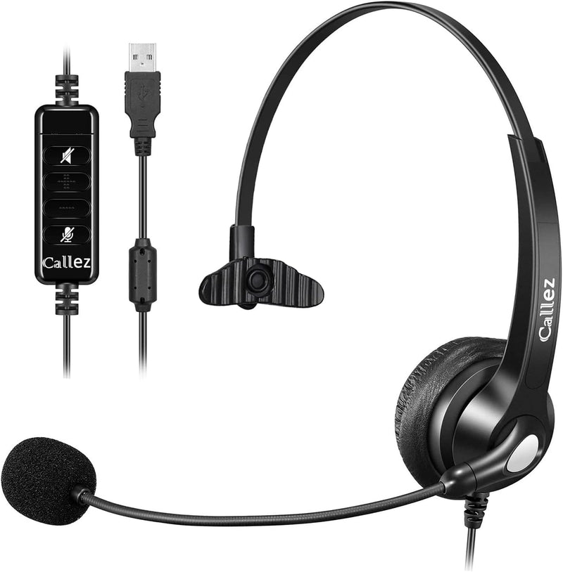 USB Headset mit Mikrofon, Mono PC Headset mit Mikrofonarm und Inline-Steuerung, Noise Cancelling PC