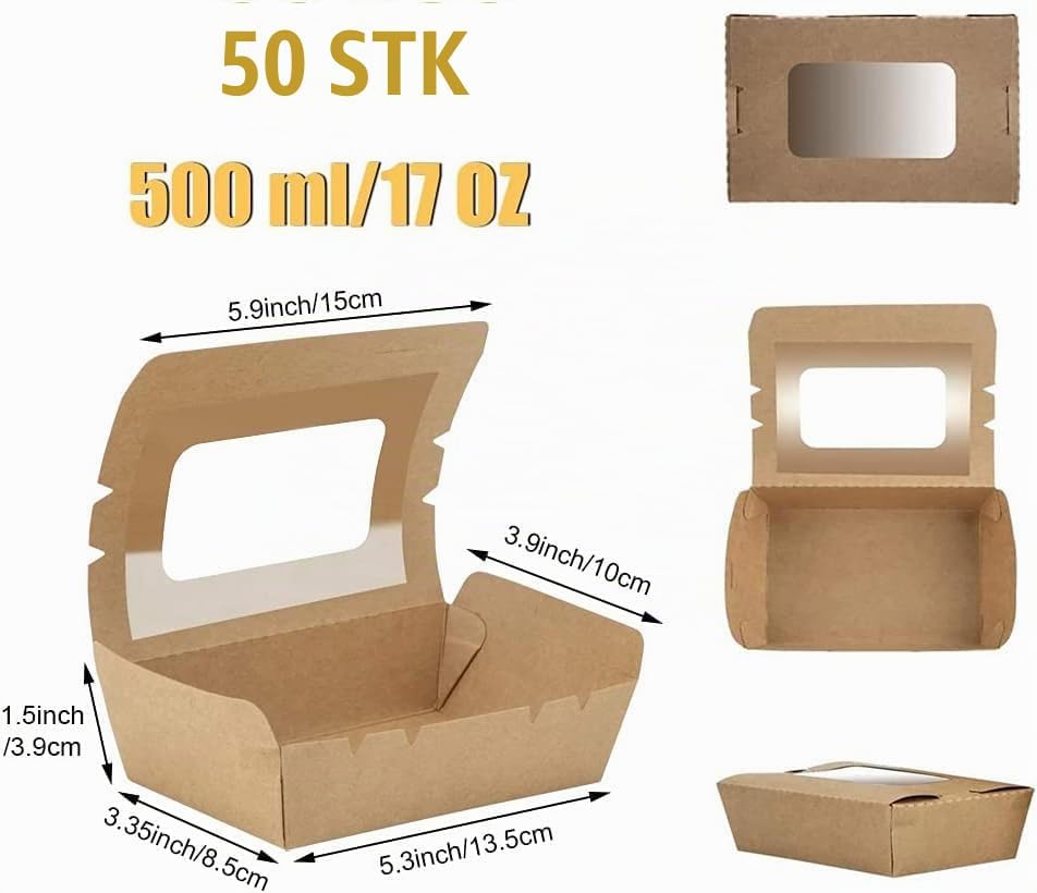50 Stücke Kraftpapier Lunchbox 500ml/17oz, Kraftkarton Snackboxen, Take Away Box, mit Fenster, Öl un