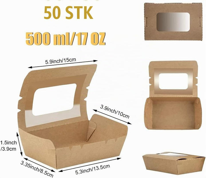 50 Stücke Kraftpapier Lunchbox 500ml/17oz, Kraftkarton Snackboxen, Take Away Box, mit Fenster, Öl un