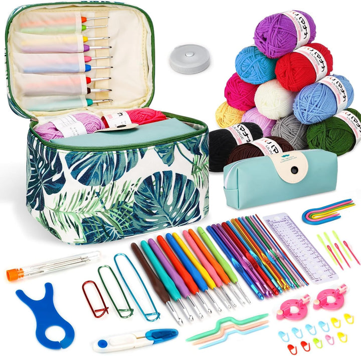 TOSUTO Häkelset für Anfänger,Tragbar Häkelnadel mit 12 Wolle,Häkelwolle Set,Stricken für Anfänger Se