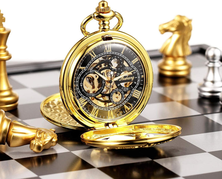 TREEWETO Unisex Taschenuhr Mechanisch Doppelter Abdeckung Vogelschild Skelett Steampunk Für Herren D