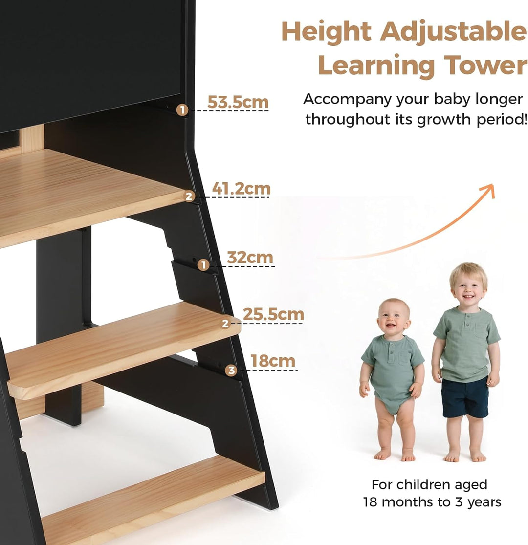 KIDINIX Kinder Lernturm ab 1 Jahr, Learning Tower mit Tafel, Höhenverstellbar, Montessori-Lernstuhl