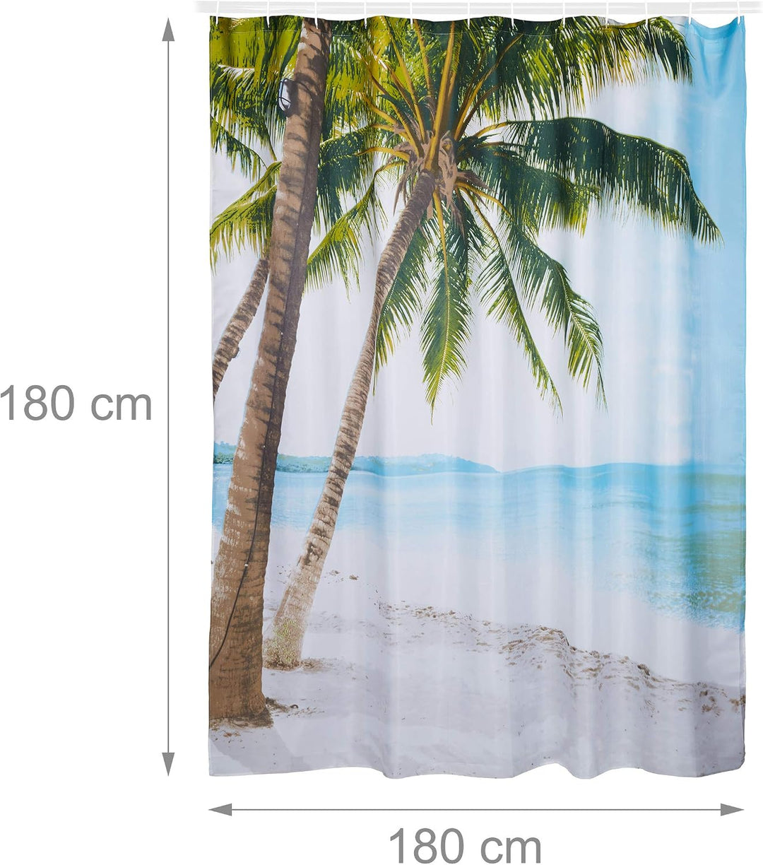 Relaxdays Duschvorhang Strand, Polyester, wasserabweisend, waschbar, Anti-Schimmel, Badewannenvorhan