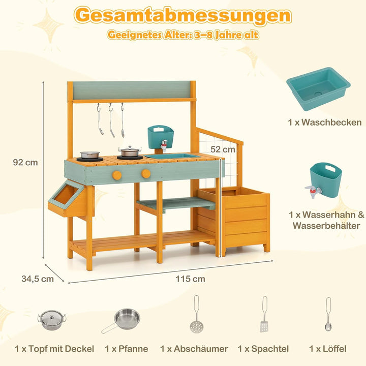 COSTWAY Matschküche Kinder Outdoor, Kinderküche mit Pflanzkasten & Rankgitter, Holzküche mit Wasserf