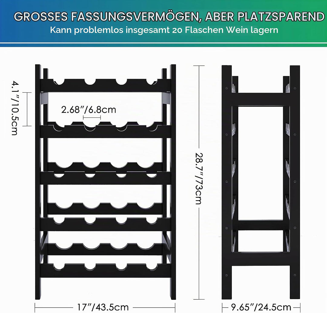 SMIBUY Bambus-Weinregal, 20 Flaschen-Display-Halter, 5-stöckige freistehende Lagerregale für Küche,