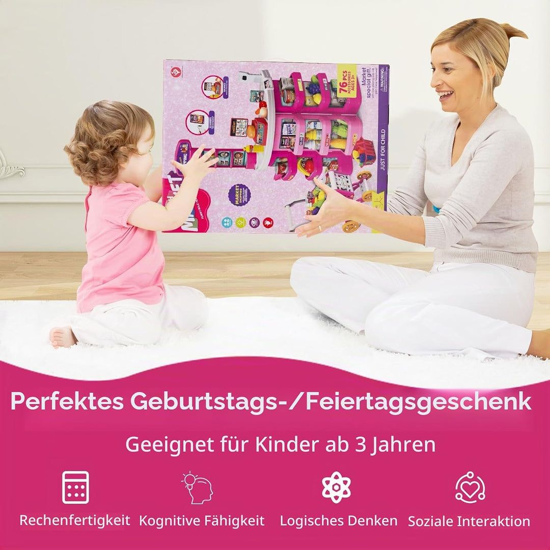 HOMASIS Supermarkt mit Einkaufswagen &amp; 29 Zubehör, Kaufladen mit Licht &amp; Sound, Kaufmannsladen mit K