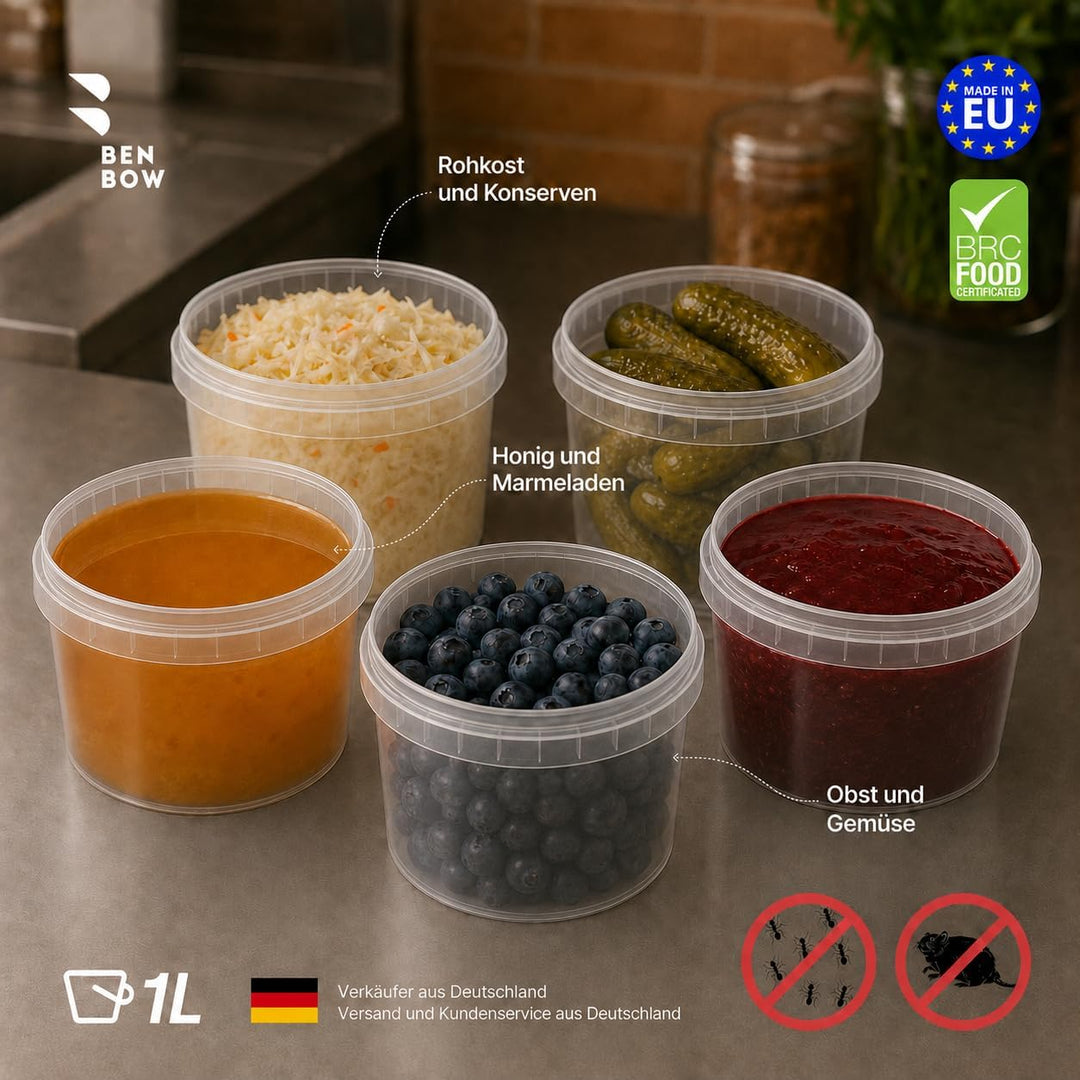 BenBow Eimer mit Deckel 1l Transparent 100x 1 Liter - lebensmittelecht, stabil, luftdicht, auslaufsi