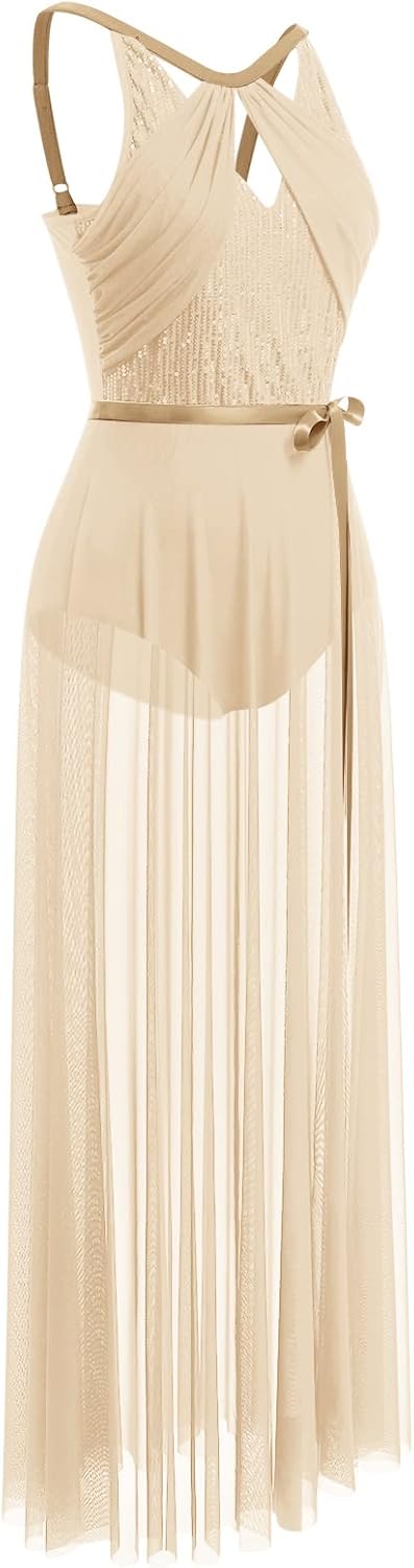 FYMNSI Damen Lyrisch Tanzkleid Ballettkleid Ärmellos Pailletten Trikot Mit Wickelrock Modern Contemp