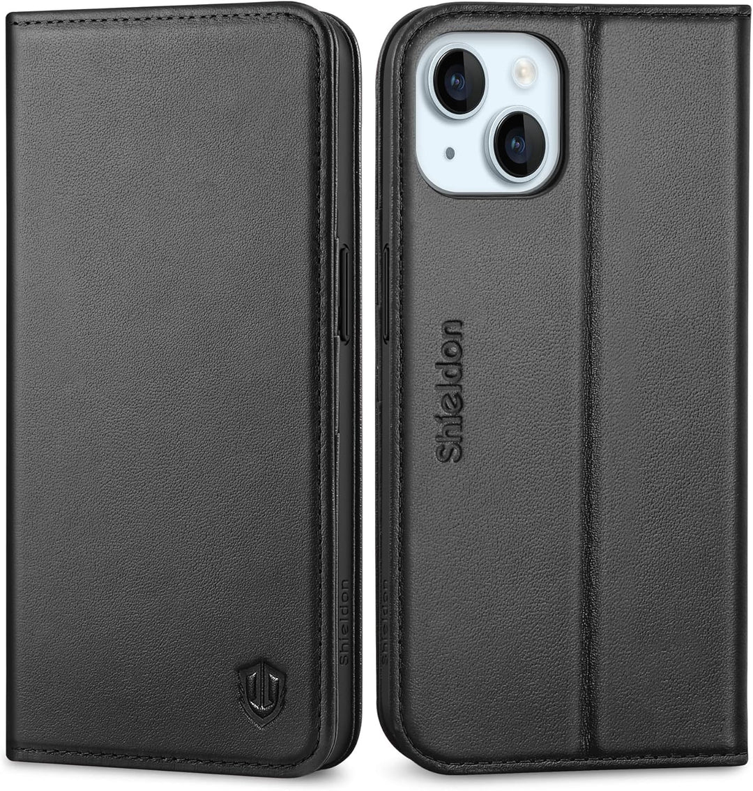 SHIELDON Hülle für iPhone 15 5G, Stossfest Handyhülle [Echtleder] [Kartenfach] [Magnet] [Standfunkti
