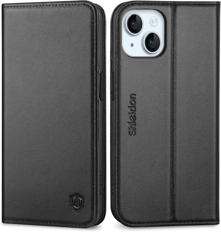 SHIELDON Hülle für iPhone 15 5G, Stossfest Handyhülle [Echtleder] [Kartenfach] [Magnet] [Standfunkti