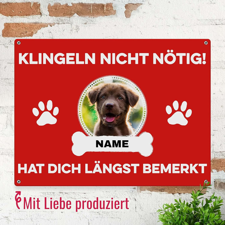 Hunde Schild personalisiert - Klingeln nicht nötig - Metallschild mit Foto und Name für aussen, wett