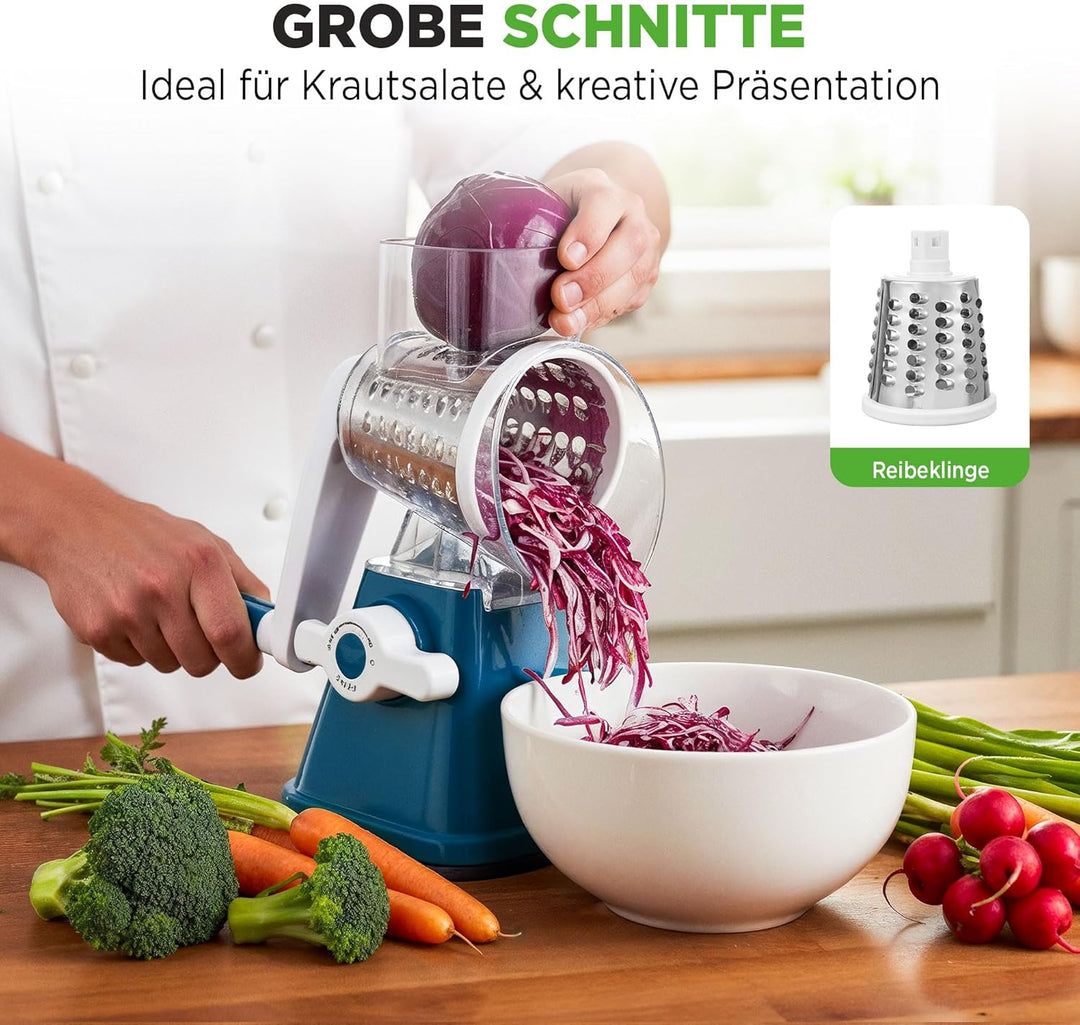 NutriChef 3-in-1 Käsereibe mit Handkurbel – Kompakte Trommelreibe für Käse & Gemüse – 3 Schneidetrom