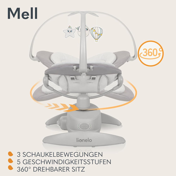 LIONELO MELL Elektrische Babywippe mit 360o Drehung für Babys bis 9 kg Verstellbare Rückenlehne 5 Sc