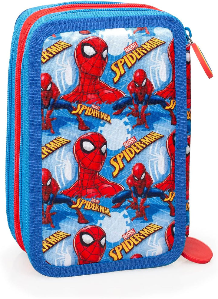L'ERBAVOGLIO Federmäppchen für Schule, 3 Reissverschluss, komplett mit 44 Stück, Spiderman (Hellblau