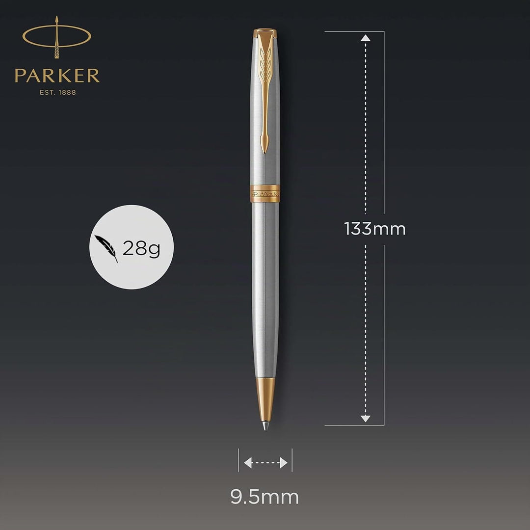Parker Sonnet Kugelschreiber | Edelstahl mit Goldzierteilen | Mittlere Spitze | schwarze Tinte | Ges