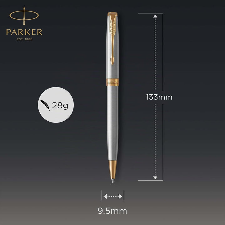 Parker Sonnet Kugelschreiber | Edelstahl mit Goldzierteilen | Mittlere Spitze | schwarze Tinte | Ges
