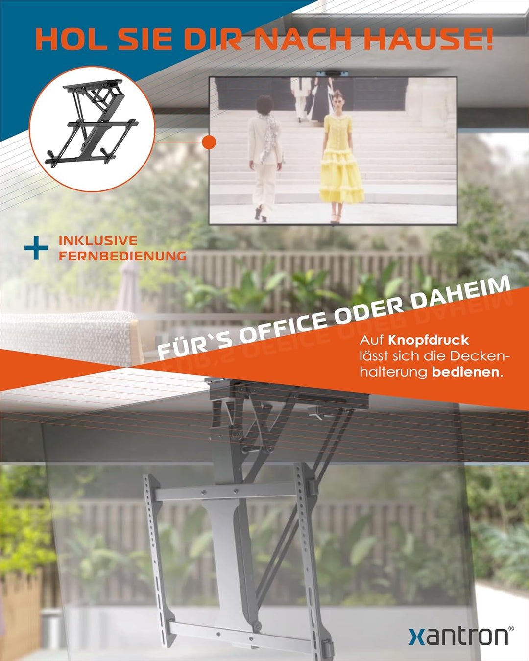 Xantron DEHA-600E TV Deckenhalterung elektrisch klappbar neigbar für 32-70 Zoll/elektrische Fernsehh