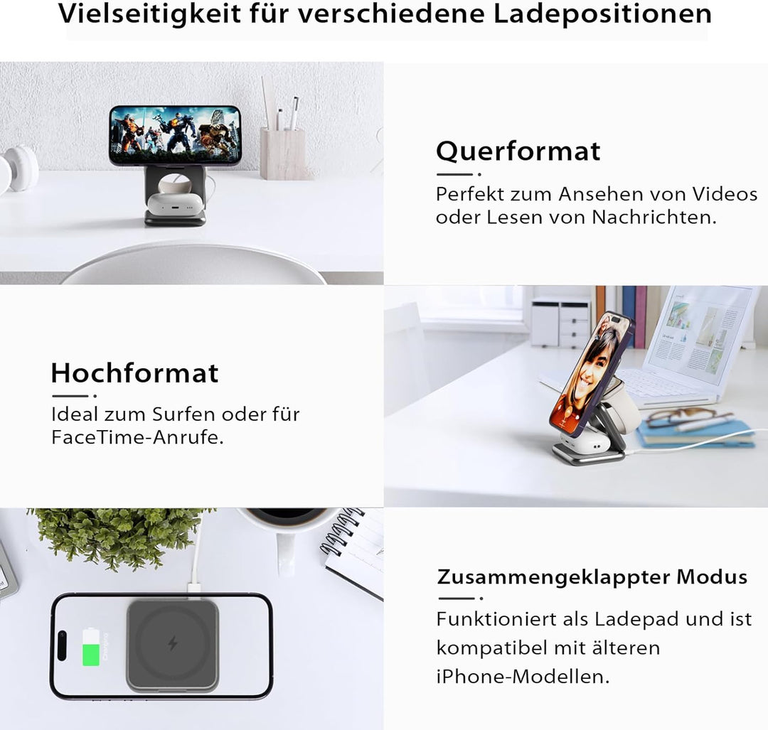 KU XIU X40 3 in 1 Induktive Ladestation – Magnetisches Kabelloses Ladegerät, Faltbares Reiseladegerä